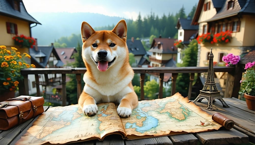 A playful Shiba Inu with a treasure map in a scenic European city