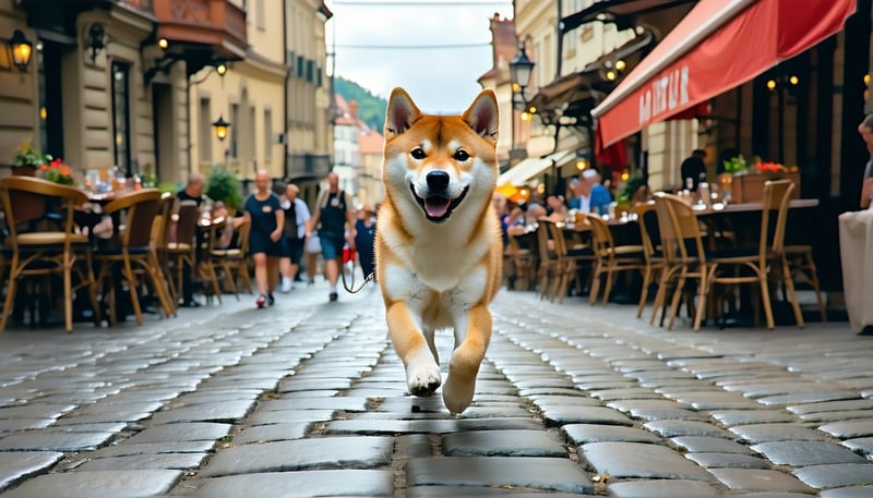 A Shiba Inu leading a treasure hunt tour in a European city.